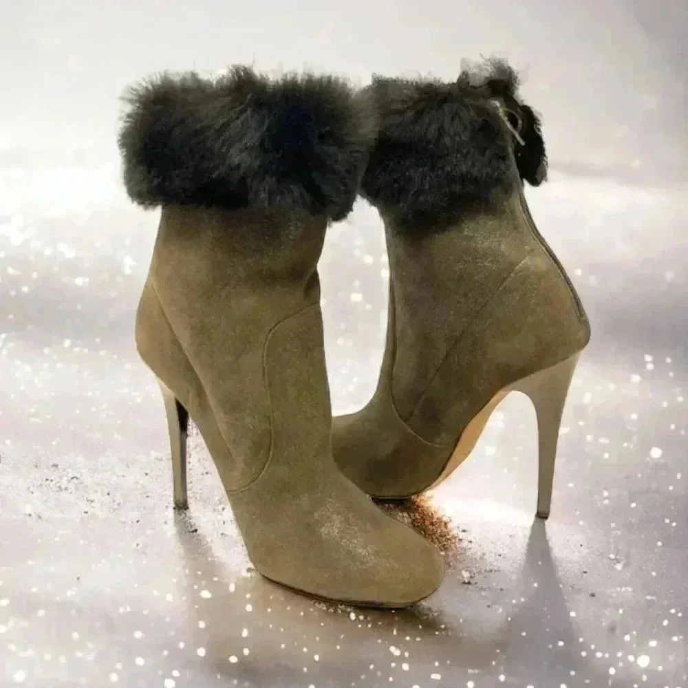 Jimmy Choo Gray Lamb Suede Faux Fur Anthracite Stiletto Ankle Boots  Size 8.5